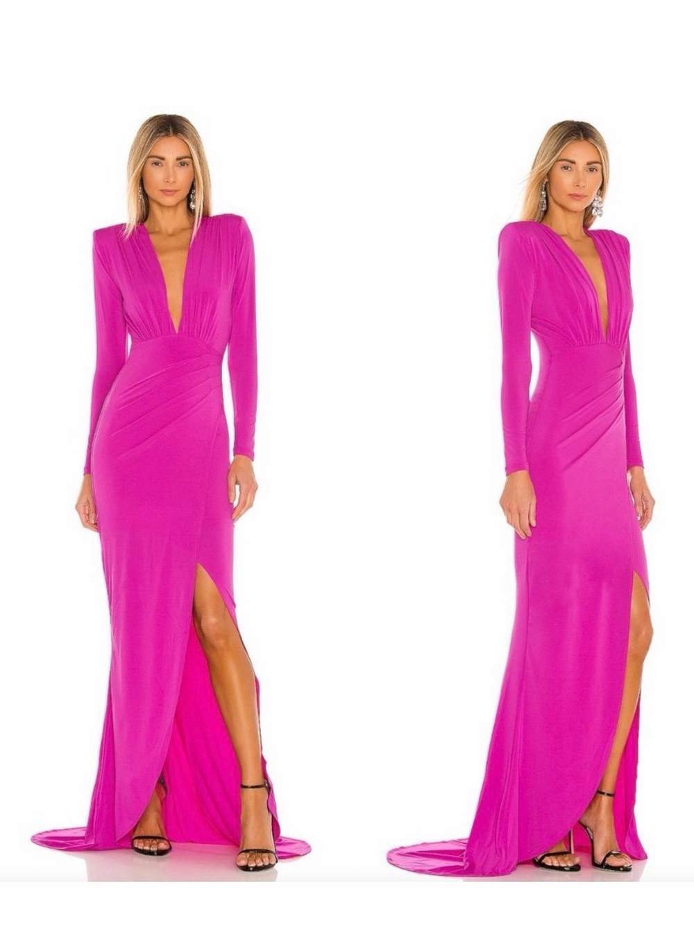 Nookie Farrah Fuchsia Long Sleeve Plunge Evening Gown